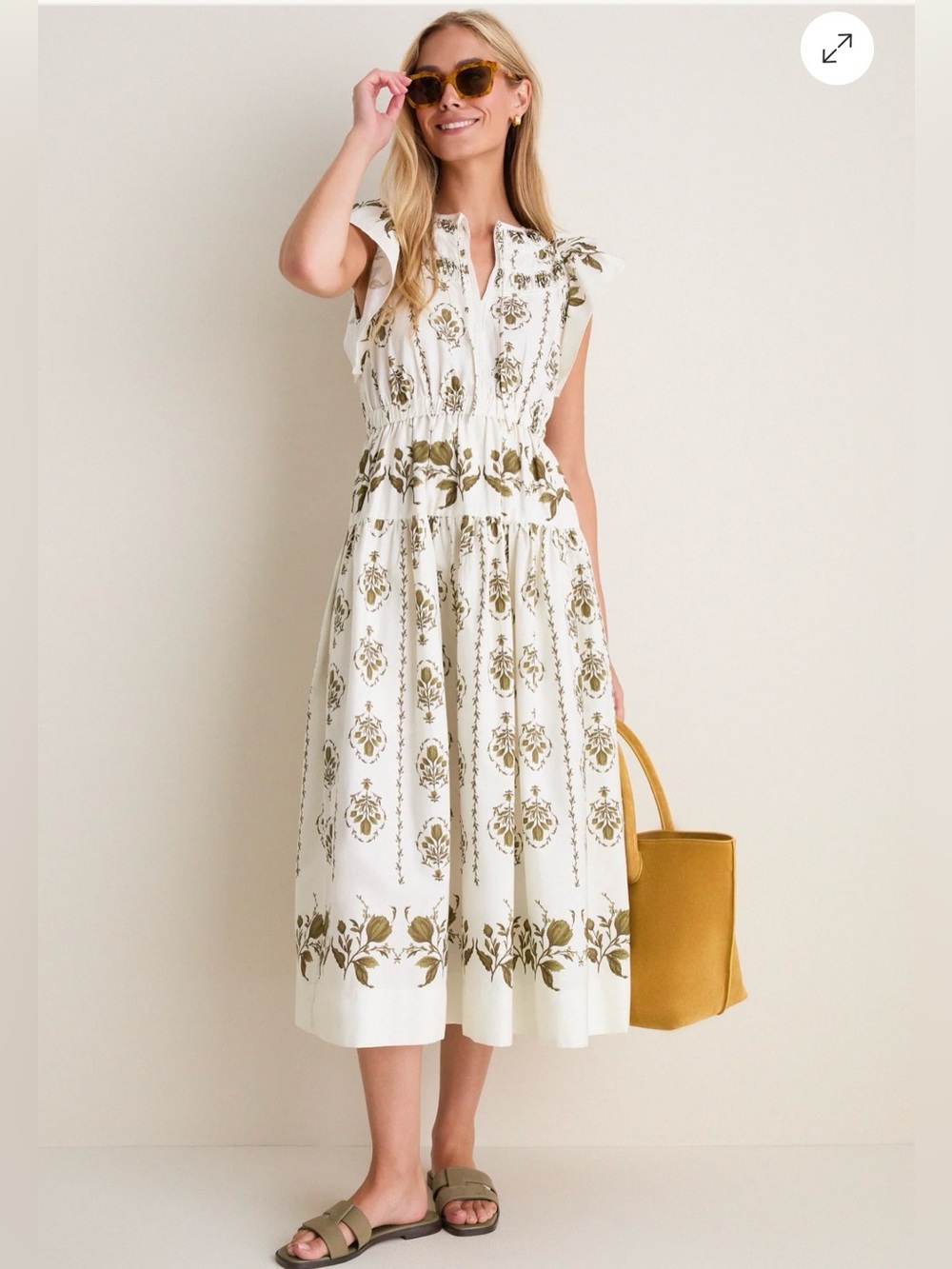 LOVE NWT Tuckernuck Moon River Beige Multi Short Ruffle Sleeve Midi Olive Sz S M - Picture 3 of 10